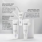 Drie Medik8 zonnebrandcrèmes gepresenteerd op witte podia tegen een grijze achtergrond. De labels identificeren: Advanced Day Eye Protect (SPF 30 bescherming voor de oogzone), Advanced Day Ultimate Protect (SPF 50+ bescherming met DNA-herstelenzymen) en Advanced Day Total Protect (lichte SPF 30 met een 360° milieubescherming).