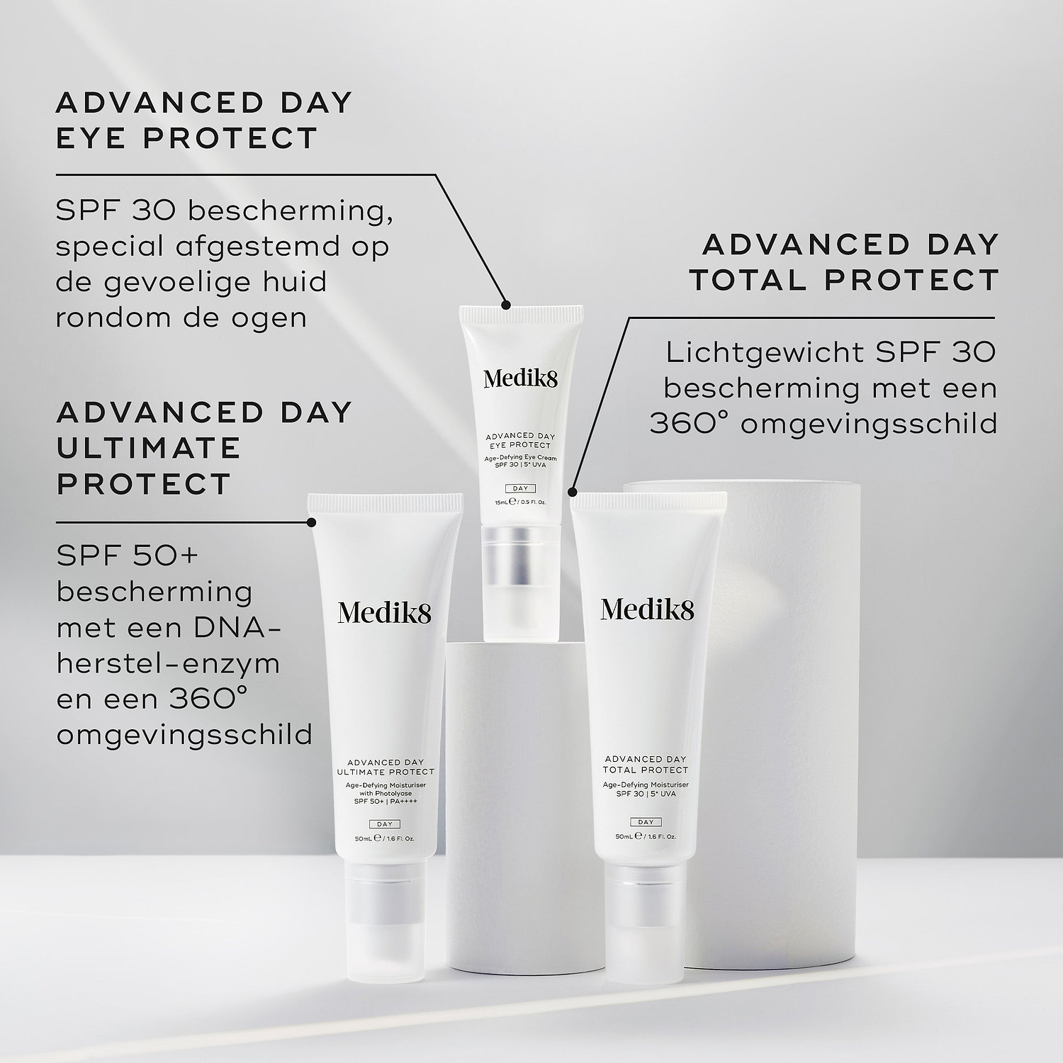 Drie Medik8 zonnebrandcrèmes gepresenteerd op witte podia tegen een grijze achtergrond. De labels identificeren: Advanced Day Eye Protect (SPF 30 bescherming voor de oogzone), Advanced Day Ultimate Protect (SPF 50+ bescherming met DNA-herstelenzymen) en Advanced Day Total Protect (lichte SPF 30 met een 360° milieubescherming).