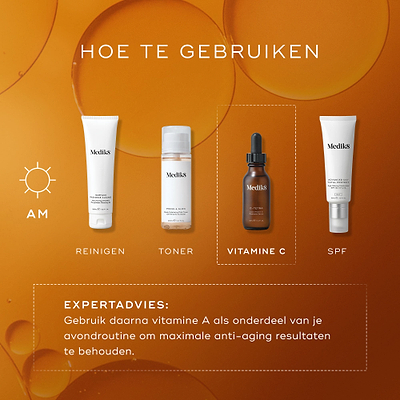 Een infographic met de titel 'HOW TO LAYER' die een ochtendroutine in vier stappen weergeeft: Cleanse (Surface Radiance Cleanse), Tone (Press & Glow), Vitamin C (C-Tetra) en Sunscreen (Advanced Day Total Protect). Onderaan staat een expertadvies om dit 's avonds te combineren met vitamine A.