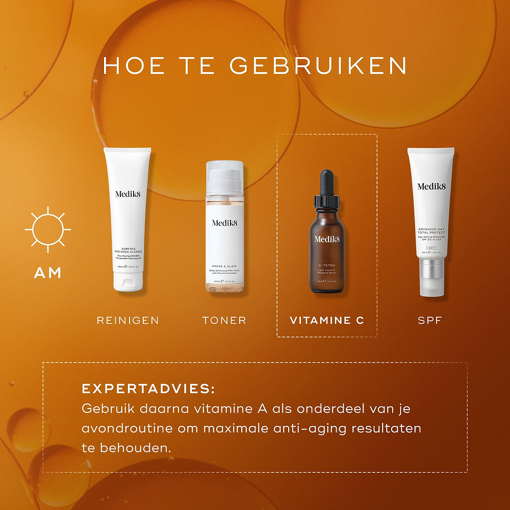 Een infographic met de titel 'HOW TO LAYER' die een ochtendroutine in vier stappen weergeeft: Cleanse (Surface Radiance Cleanse), Tone (Press & Glow), Vitamin C (C-Tetra) en Sunscreen (Advanced Day Total Protect). Onderaan staat een expertadvies om dit 's avonds te combineren met vitamine A.