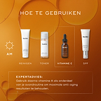 Medik8 layering-gids getiteld 'HOW TO LAYER' op een warme oranje achtergrond met belachtige graphics. Een AM-zonicoon geeft een ochtendroutine aan die uit vier stappen bestaat, waarbij de derde stap is gemarkeerd in een wit gestippeld kader. De getoonde producten en stappen zijn: CLEANSE (Medik8 Surface Radiance Cleanse tube), TONE (Medik8 Press & Glow fles), VITAMIN C (Medik8 C-Tetra Luxe serumfles) en SUNSCREEN (Medik8 Advanced Day Ultimate Protect tube). Een gestippeld kader onderaan geeft EXPERT ADVICE 