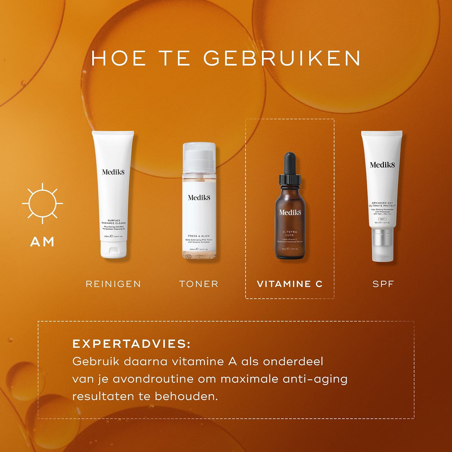 Medik8 layering-gids getiteld 'HOW TO LAYER' op een warme oranje achtergrond met belachtige graphics. Een AM-zonicoon geeft een ochtendroutine aan die uit vier stappen bestaat, waarbij de derde stap is gemarkeerd in een wit gestippeld kader. De getoonde producten en stappen zijn: CLEANSE (Medik8 Surface Radiance Cleanse tube), TONE (Medik8 Press & Glow fles), VITAMIN C (Medik8 C-Tetra Luxe serumfles) en SUNSCREEN (Medik8 Advanced Day Ultimate Protect tube). Een gestippeld kader onderaan geeft EXPERT ADVICE 