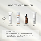 Een infographic getiteld "HOW TO LAYER" die een ochtendroutine in vier stappen weergeeft: Cleanse (Surface Radiance Cleanse), Tone (Press & Glow), Vitamin C (C-Tetra Luxe) en Sunscreen (Advanced Day Ultimate Protect). Onderaan geeft expertadvies aan om Advanced Day Eye Protect aan de routine toe te voegen voor de bescherming van de kwetsbare huid rondom de ogen.