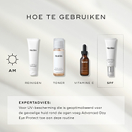 Een infographic getiteld "HOW TO LAYER" die een ochtendroutine in vier stappen weergeeft: Cleanse (Surface Radiance Cleanse), Tone (Press & Glow), Vitamin C (C-Tetra Luxe) en Sunscreen (Advanced Day Ultimate Protect). Onderaan geeft expertadvies aan om Advanced Day Eye Protect aan de routine toe te voegen voor de bescherming van de kwetsbare huid rondom de ogen.