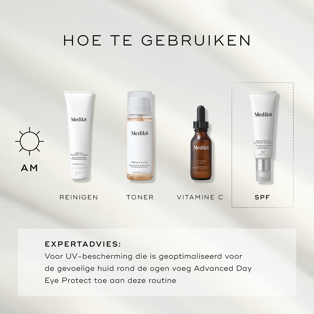 Een infographic getiteld "HOW TO LAYER" die een ochtendroutine in vier stappen weergeeft: Cleanse (Surface Radiance Cleanse), Tone (Press & Glow), Vitamin C (C-Tetra Luxe) en Sunscreen (Advanced Day Ultimate Protect). Onderaan geeft expertadvies aan om Advanced Day Eye Protect aan de routine toe te voegen voor de bescherming van de kwetsbare huid rondom de ogen.