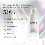 Medik8 Exo-PDRN Prismatic+ serum weergegeven met tekst ‘Verhoog de natuurlijke huidverjonging met meer dan 50%*’ naast voordelen zoals huidgezondheid, volume, luminositeit, teint, rimpels en stevigheid.