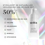 Medik8 Exo-PDRN Prismatic+ serum weergegeven met tekst ‘Verhoog de natuurlijke huidverjonging met meer dan 50%*’ naast voordelen zoals huidgezondheid, volume, luminositeit, teint, rimpels en stevigheid.