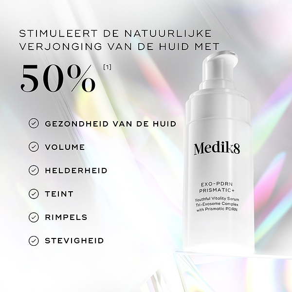 Medik8 Exo-PDRN Prismatic+ serum weergegeven met tekst ‘Verhoog de natuurlijke huidverjonging met meer dan 50%*’ naast voordelen zoals huidgezondheid, volume, luminositeit, teint, rimpels en stevigheid.