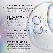 Visual die de belangrijkste componenten van Medik8 Exo-PDRN Prismatic+ benadrukt, waaronder prismatic PDRN, een drievoudig exosomencomplex, groeifactor MiniProtein en ATP-precursor.