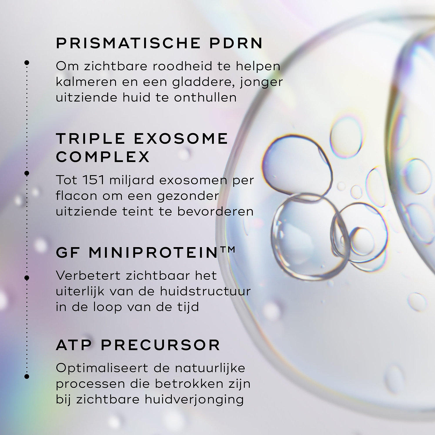Visual die de belangrijkste componenten van Medik8 Exo-PDRN Prismatic+ benadrukt, waaronder prismatic PDRN, een drievoudig exosomencomplex, groeifactor MiniProtein en ATP-precursor.