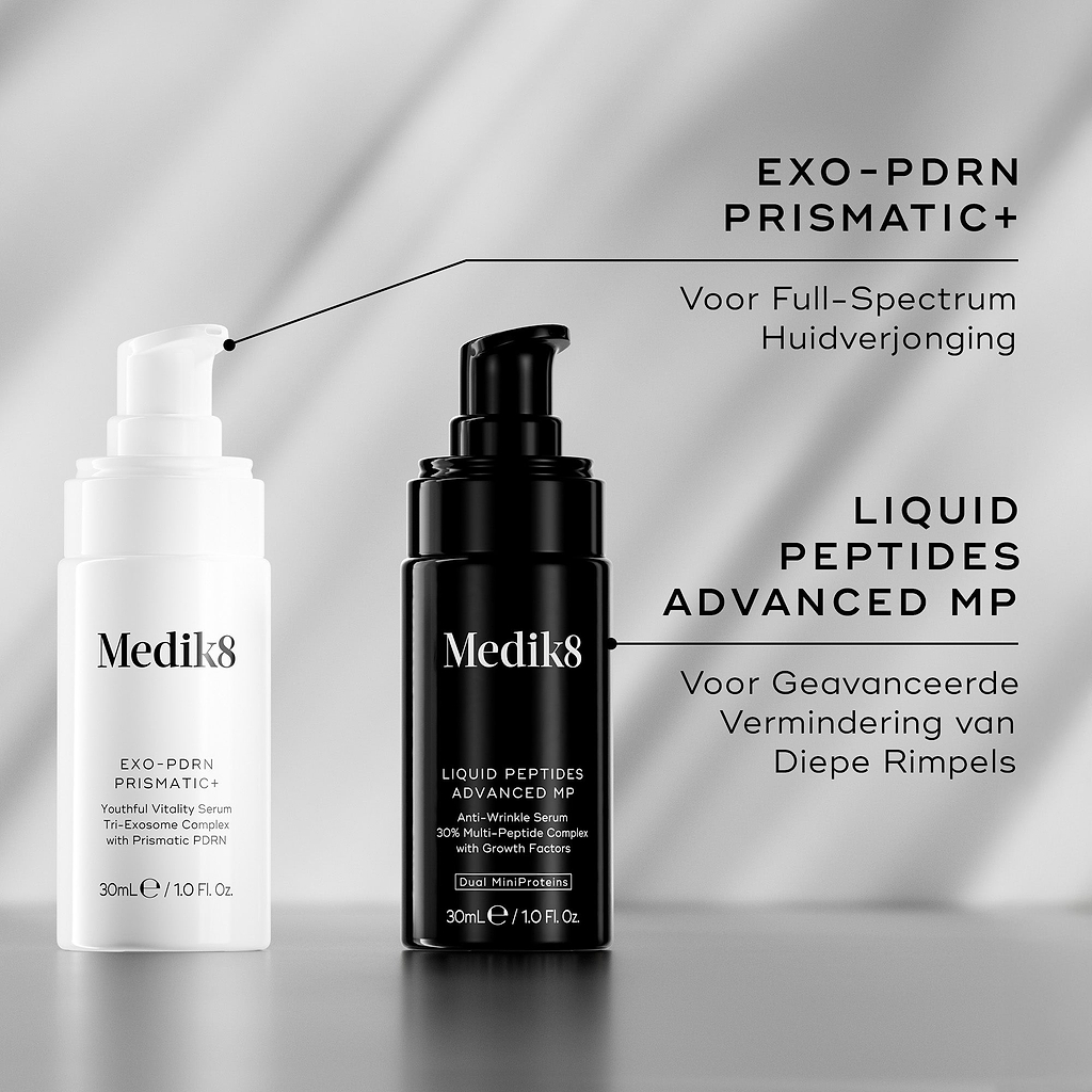 Medik8 Exo-PDRN Prismatic+ serum weergegeven naast Liquid Peptides Advanced MP als routinecombinatie voor geavanceerde vermindering van diepere rimpels.