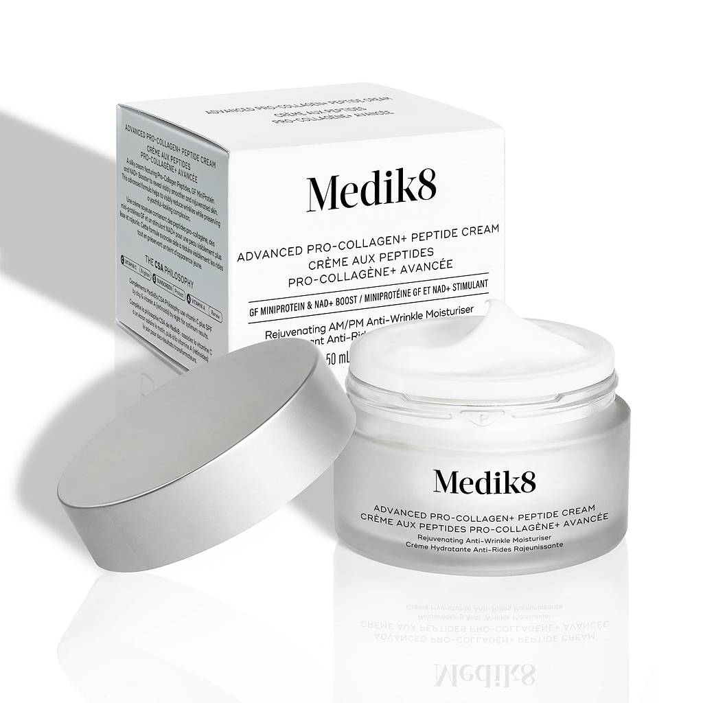 Een witte productverpakking van Advanced Pro-Collagen+ Peptide Cream Mask staat naast het product.