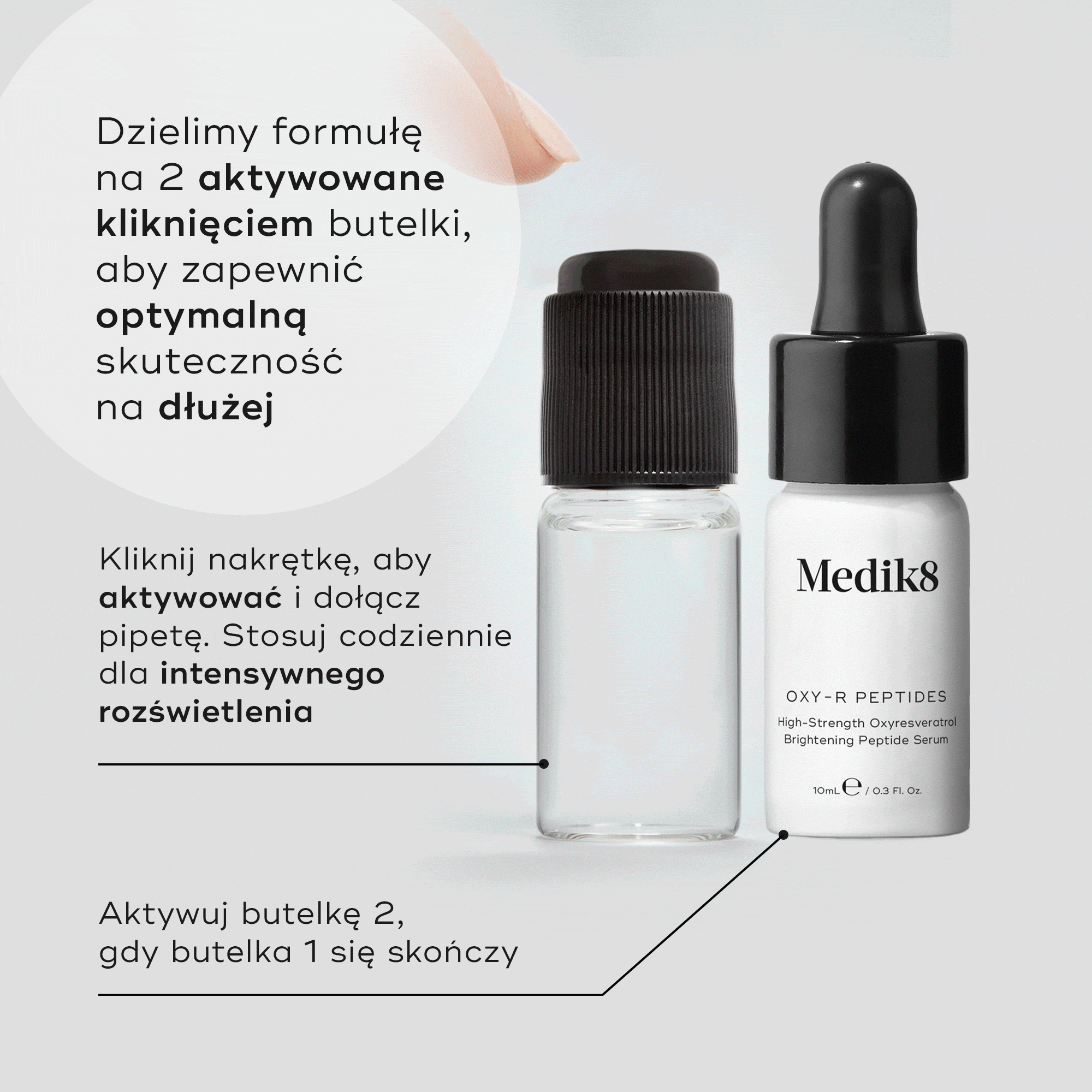 GIF przedstawiający Oxy-R Peptides, pokazujący dwie małe butelki serum. Palec naciska czarną nakrętkę przezroczystej butelki, w której widoczny jest proces aktywacji — pomarańczowo-brązowy płyn miesza się wewnątrz, sygnalizując uruchomienie formuły. Druga butelka jest biała z czarną pipetą i etykietą „OXY-R PEPTIDES High-Strength Oxyresveratrol Brightening Peptide Serum”. Tekst informuje: „Podzieliliśmy naszą formułę na 2 butelki aktywowane kliknięciem, aby zapewnić optymalną skuteczność na dłużej.”
