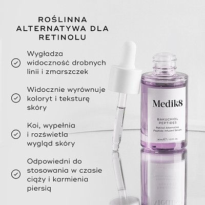 Przedstawiono fioletową szklaną buteleczkę z serum „Bakuchiol Peptides” wyposażoną w zakraplacz. Po lewej stronie tekst podkreśla, że produkt ten stanowi ROŚLINNĄ ALTERNATYWĘ DLA RETINOLU, a jego zalety obejmują: wygładzanie drobnych linii i zmarszczek, widoczne ujednolicenie kolorytu i tekstury skóry, działanie łagodzące, ujędrniające i rozjaśniające wygląd skóry, a także możliwość stosowania w okresie ciąży i karmienia piersią.