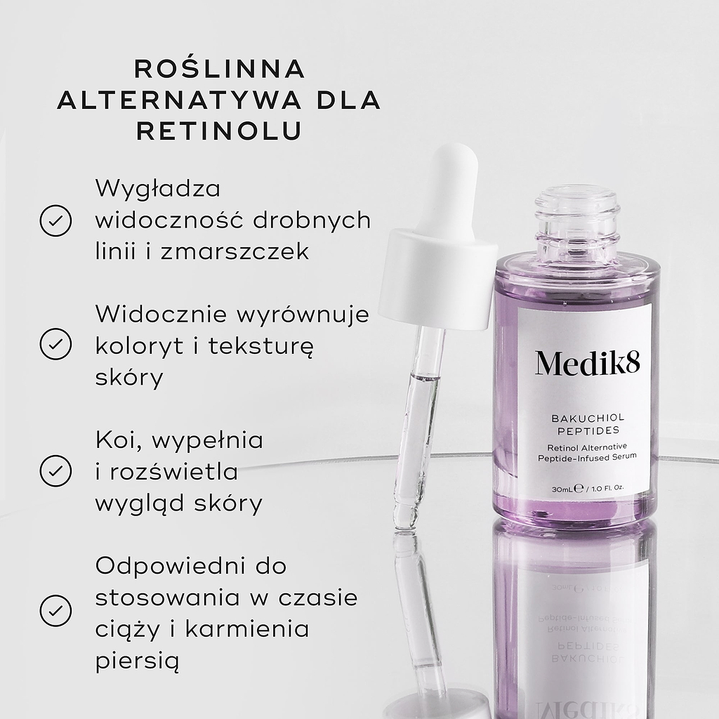 Przedstawiono fioletową szklaną buteleczkę z serum „Bakuchiol Peptides” wyposażoną w zakraplacz. Po lewej stronie tekst podkreśla, że produkt ten stanowi ROŚLINNĄ ALTERNATYWĘ DLA RETINOLU, a jego zalety obejmują: wygładzanie drobnych linii i zmarszczek, widoczne ujednolicenie kolorytu i tekstury skóry, działanie łagodzące, ujędrniające i rozjaśniające wygląd skóry, a także możliwość stosowania w okresie ciąży i karmienia piersią.
