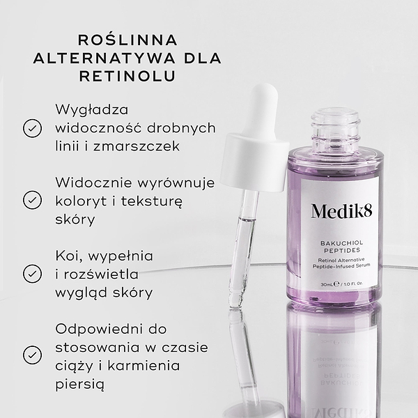 Przedstawiono fioletową szklaną buteleczkę z serum „Bakuchiol Peptides” wyposażoną w zakraplacz. Po lewej stronie tekst podkreśla, że produkt ten stanowi ROŚLINNĄ ALTERNATYWĘ DLA RETINOLU, a jego zalety obejmują: wygładzanie drobnych linii i zmarszczek, widoczne ujednolicenie kolorytu i tekstury skóry, działanie łagodzące, ujędrniające i rozjaśniające wygląd skóry, a także możliwość stosowania w okresie ciąży i karmienia piersią.