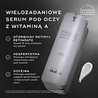 Biała butelka z pompką r-Retinoate Day & Night Eye Serum jest przedstawiona z opisami kluczowych składników: enkapsulowany retinyl retinoate, hesperydyna oraz kofeina. Przypis dolny zawiera odniesienie źródłowe dla twierdzenia dotyczącego retinolu.
