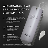 Biała butelka z pompką r-Retinoate Day & Night Eye Serum jest przedstawiona z opisami kluczowych składników: enkapsulowany retinyl retinoate, hesperydyna oraz kofeina. Przypis dolny zawiera odniesienie źródłowe dla twierdzenia dotyczącego retinolu.
