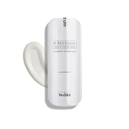 Biała butelka z pompką r-Retinoate Day & Night Eye Serum z kroplą produktu obok niej.
