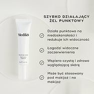 Na zdjęciu widoczna jest biała tubka żelu Blemish SOS Rapid Action Target Gel. Tekst podkreśla, że jest to ŻEL DO SZYBKIEGO DZIAŁANIA. Cztery punkty z zaznaczeniami wymieniają zalety produktu: Działa punktowo i zmniejsza widoczność wyprysków, Łagodzi widoczne zaczerwienienia, Wspomaga uzyskanie czystej, zdrowo wyglądającej skóry oraz Można go stosować pod lub na makijaż.