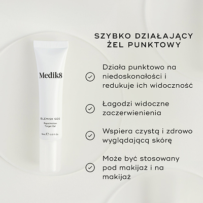 Na zdjęciu widoczna jest biała tubka żelu Blemish SOS Rapid Action Target Gel. Tekst podkreśla, że jest to ŻEL DO SZYBKIEGO DZIAŁANIA. Cztery punkty z zaznaczeniami wymieniają zalety produktu: Działa punktowo i zmniejsza widoczność wyprysków, Łagodzi widoczne zaczerwienienia, Wspomaga uzyskanie czystej, zdrowo wyglądającej skóry oraz Można go stosować pod lub na makijaż.