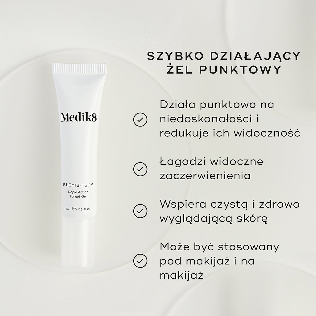 Na zdjęciu widoczna jest biała tubka żelu Blemish SOS Rapid Action Target Gel. Tekst podkreśla, że jest to ŻEL DO SZYBKIEGO DZIAŁANIA. Cztery punkty z zaznaczeniami wymieniają zalety produktu: Działa punktowo i zmniejsza widoczność wyprysków, Łagodzi widoczne zaczerwienienia, Wspomaga uzyskanie czystej, zdrowo wyglądającej skóry oraz Można go stosować pod lub na makijaż.