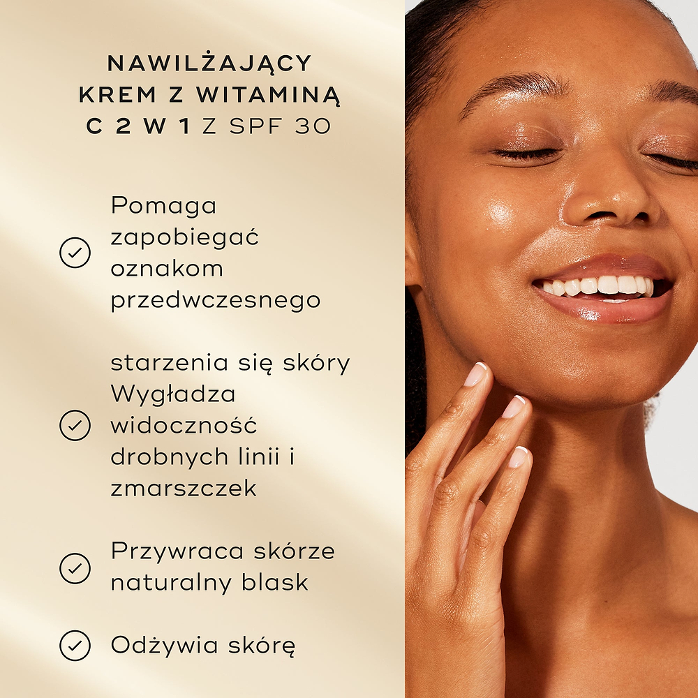 Modelka o promiennej cerze uśmiecha się obok listy zalet produktu na delikatnym złotym tle. Tekst podkreśla zalety kremu nawilżającego 2 w 1 z witaminą C i filtrem SPF 30:
Zapobiega oznakom przedwczesnego starzenia się skóry
Wzmacnia blask skóry
Nawilża cerę
100% użytkowników zgadza się, że ich skóra czuje się chroniona przez cały dzień