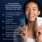 Uśmiechnięta kobieta trzyma dwie tubki Medik8 H.E.O. Mask – niebieską oznaczoną jako Krok 1 oraz białą oznaczoną jako Krok 2. Grafika przedstawia produkt jako klinicznie potwierdzoną dwuetapową maskę na noc. Wyróżnione korzyści obejmują do 72 godzin nawilżenia i zatrzymywania wilgoci w skórze, 72 godziny wsparcia bariery ochronnej skóry, widoczną redukcję drobnych linii, suchości i szorstkości oraz efekt pełniejszej, promiennej i bardziej elastycznej skóry.
