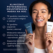 Uśmiechnięta kobieta trzyma dwie tubki Medik8 H.E.O. Mask – niebieską oznaczoną jako Krok 1 oraz białą oznaczoną jako Krok 2. Grafika przedstawia produkt jako klinicznie potwierdzoną dwuetapową maskę na noc. Wyróżnione korzyści obejmują do 72 godzin nawilżenia i zatrzymywania wilgoci w skórze, 72 godziny wsparcia bariery ochronnej skóry, widoczną redukcję drobnych linii, suchości i szorstkości oraz efekt pełniejszej, promiennej i bardziej elastycznej skóry.

