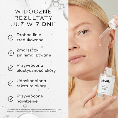 Kobieta nakłada na twarz serum Liquid Peptides za pomocą zakraplacza. Po lewej stronie widnieje napis „WIDOCZNE REZULTATY JUŻ PO 7 DNIACH*” oraz lista korzyści: wygładzenie zmarszczek, młodzieńczy wygląd skóry, poprawa jędrności skóry, zwiększenie sprężystości skóry, przywrócenie nawilżenia. Przypis wskazuje, że twierdzenia te zostały potwierdzone w niezależnym badaniu konsumenckim.