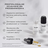 Dwie małe białe butelki Oxy-R Peptides są zaprezentowane na jasnym tle z kroplami żółtego serum. Tekst podkreśla „PROFESJONALNA MOC DZIAŁANIA NA PRZEBARWIENIA”. Wypisane korzyści obejmują: jaśniejszą i bardziej wyrównaną skórę już w 7 dni, redukcję widocznych ciemnych plam w 1 miesiąc, skuteczność dla wszystkich typów i odcieni skóry oraz działanie nawilżające i wygładzające cerę.
