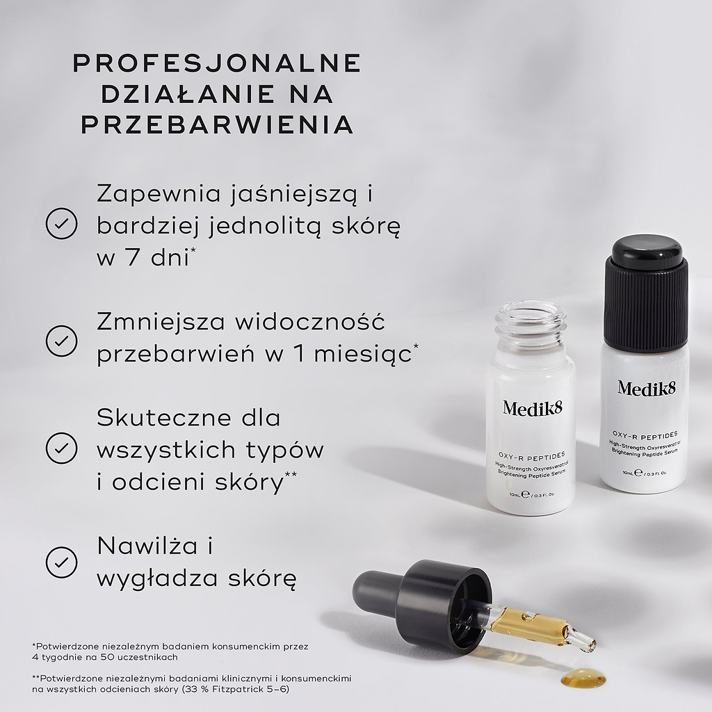 Dwie małe białe butelki Oxy-R Peptides są zaprezentowane na jasnym tle z kroplami żółtego serum. Tekst podkreśla „PROFESJONALNA MOC DZIAŁANIA NA PRZEBARWIENIA”. Wypisane korzyści obejmują: jaśniejszą i bardziej wyrównaną skórę już w 7 dni, redukcję widocznych ciemnych plam w 1 miesiąc, skuteczność dla wszystkich typów i odcieni skóry oraz działanie nawilżające i wygładzające cerę.
