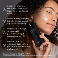 Osoba z nałożonym pasmem kremu na policzku trzyma butelkę Medik8 r-Retinoate Intense. Tekst podkreśla, że produkt jest 8x silniejszy i 11x szybszy niż klasyczny retinol, a także zapewnia wyraźną redukcję zmarszczek i przebarwień w 4 tygodnie.

