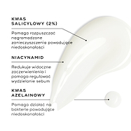 Na białej powierzchni widoczna jest próbka preparatu Blemish SOS, a obok niej znajduje się niewielka kropla. W ramkach tekstowych wyróżniono kluczowe składniki: KWAS SALICYLOWY (2%) rozkłada zanieczyszczenia powodujące powstawanie wyprysków; NIACYNAMID zmniejsza widoczne zaczerwienienia i pomaga regulować wydzielanie sebum; a KWAS AZELINOWY zwalcza bakterie powodujące powstawanie wyprysków.