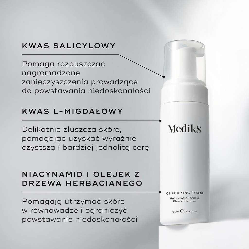 Butelka z pompką Medik8 Clarifying Foam stoi na białym bloku na czystym, szarym tle. Tekst podkreśla kluczowe składniki: kwas salicylowy rozkładający zanieczyszczenia powodujące niedoskonałości, kwas L-migdałowy zapewniający delikatne złuszczanie i bardziej wyrównaną cerę oraz niacynamid i olejek z drzewa herbacianego wspierające utrzymanie zrównoważonej, wolnej od niedoskonałości skóry.
