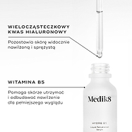 Zbliżenie na buteleczkę serum Medik8 Hydr8 B5 wraz z zakraplaczem, zawierającą przezroczysty płyn. Tekst podkreśla kluczowe składniki: KWAS HIALURONOWY O RÓŻNEJ MOLEKULARNOŚCI – zapewnia skórze widoczne nawilżenie i elastyczność oraz WITAMINA B5 – pomaga skórze zatrzymać i odbudować poziom nawilżenia, nadając jej pełniejszy wygląd.