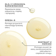 Trzy kropelki olejku przedstawiają kluczowe składniki. Tekst podkreśla właściwości odżywcze oleju z krokosza barwierskiego, rolę kwasów omega-6 w utrzymaniu równowagi lipidowej oraz działanie wyciągu z moringi w usuwaniu zanieczyszczeń i substancji szkodliwych.