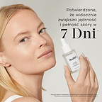 Kobieta trzyma w dłoni buteleczkę serum Liquid Peptides. Napis po prawej stronie brzmi: „Udowodniono, że wygładza drobne zmarszczki i bruzdy już w ciągu 7 dni*”. W przypisie zaznaczono, że informacja ta pochodzi z niezależnego badania konsumenckiego.