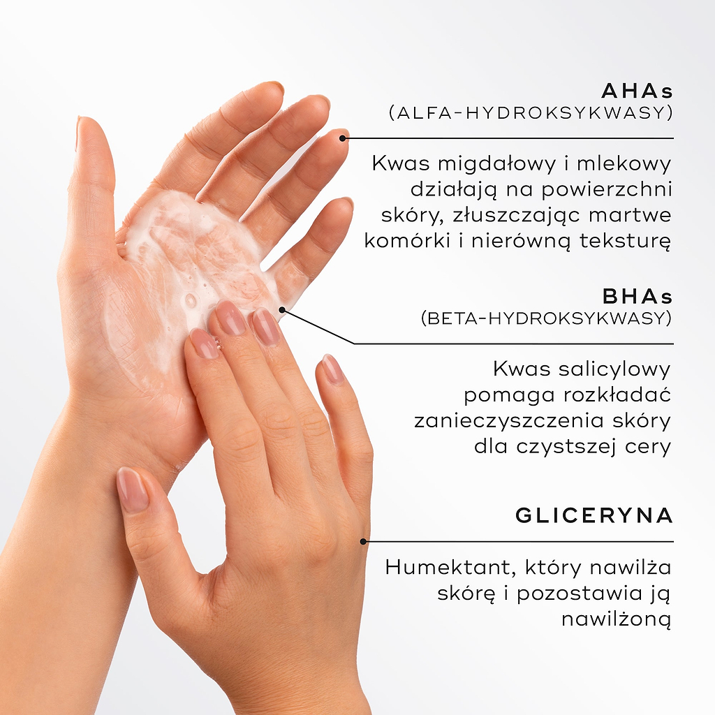Zbliżenie na dłonie tworzące lekką pianę, podkreślające kluczowe składniki Medik8 Surface Radiance Cleanse. Tekst opisuje AHA (kwas migdałowy i mlekowy) odpowiedzialne za powierzchniowe złuszczanie, BHA (kwas salicylowy) rozbijający zanieczyszczenia i zaskórniki oraz glicerynę, która nawilża i pomaga utrzymać odpowiedni poziom hydratacji skóry.
