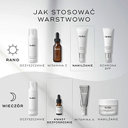 Schemat nakładania produktów w ramach rutyny pielęgnacyjnej. Rutyna poranna obejmuje oczyszczanie (pianka oczyszczająca), witaminę C (C-Tetra), nawilżanie (krem nawilżający Balance) oraz ochronę przeciwsłoneczną (Advanced Day Total Protect). Rutyna wieczorna obejmuje oczyszczanie (Clarifying Foam), bezpośrednie działanie kwasu (Glycolic Acid Activator), witaminę A (Crystal Retinal) oraz nawilżanie (Advanced Night Restore).