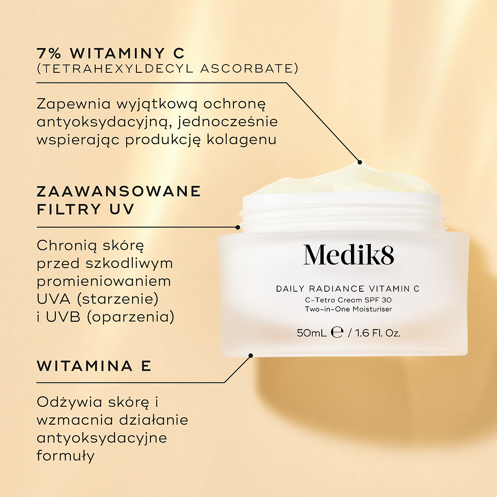 Szklany słoiczek z produktem Medik8 Daily Radiance Vitamin C na tle w ciepłym złotym odcieniu, z opisem składników. Tekst podkreśla zawartość 7% witaminy C (askorbinianu tetraheksylodecylowego), zapewniającej ochronę antyoksydacyjną i wspomagającą produkcję kolagenu, wysokiej jakości filtrów UV chroniących przed promieniowaniem UVA i UVB oraz witaminy E, która odżywia skórę i wzmacnia działanie przeciwutleniające.