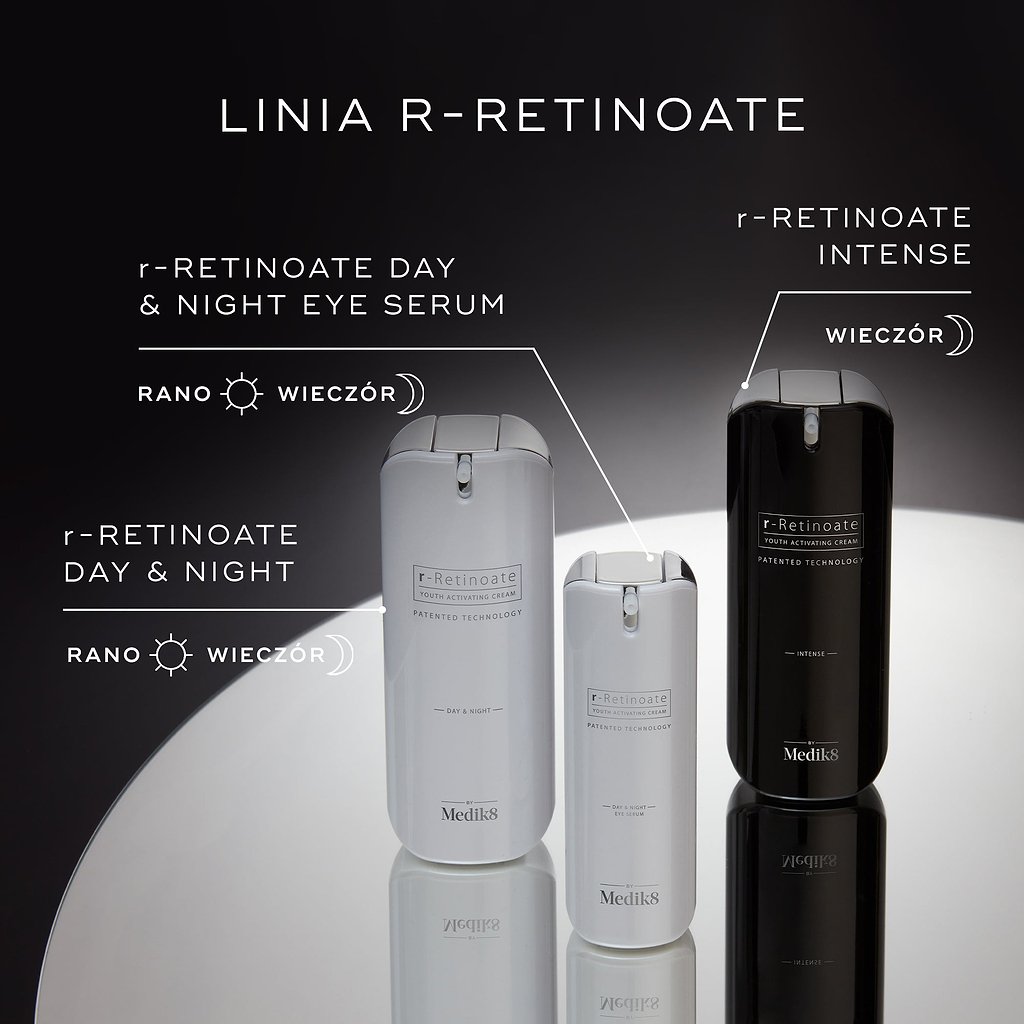 Ekspozycja prezentująca R-RETINOATE RANGE. Obejmuje: r-RETINOATE DAY & NIGHT EYE SERUM, r-RETINOATE DAY & NIGHT oraz r-RETINOATE INTENSE. Wszystkie butelki posiadają opatentowaną technologię.
