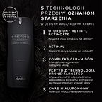 Butelka kremu Medik8 r-Retinoate Intense na ciemnym, miękko cieniowanym tle. Tekst podkreśla 5 technologii przeciwstarzeniowych: enkapsulowany retinyl retinoate, retinal, kompleks ceramidów, peptyd precyzyjnie ukierunkowany (drone-targeted peptide) oraz kwas hialuronowy.
