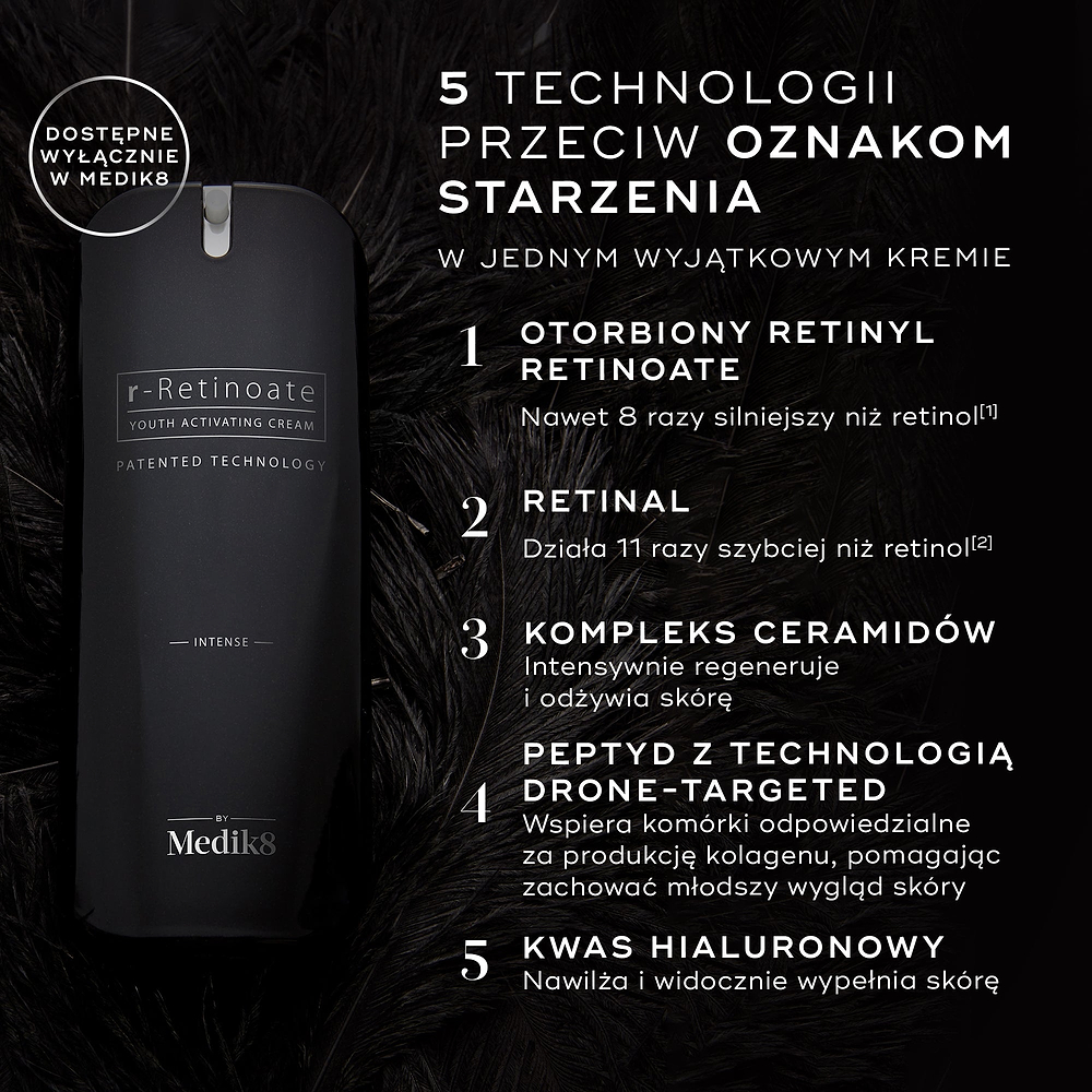 Butelka kremu Medik8 r-Retinoate Intense na ciemnym, miękko cieniowanym tle. Tekst podkreśla 5 technologii przeciwstarzeniowych: enkapsulowany retinyl retinoate, retinal, kompleks ceramidów, peptyd precyzyjnie ukierunkowany (drone-targeted peptide) oraz kwas hialuronowy.
