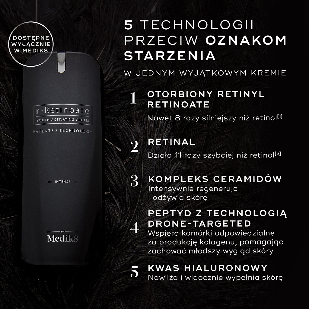 Butelka kremu Medik8 r-Retinoate Intense na ciemnym, miękko cieniowanym tle. Tekst podkreśla 5 technologii przeciwstarzeniowych: enkapsulowany retinyl retinoate, retinal, kompleks ceramidów, peptyd precyzyjnie ukierunkowany (drone-targeted peptide) oraz kwas hialuronowy.
