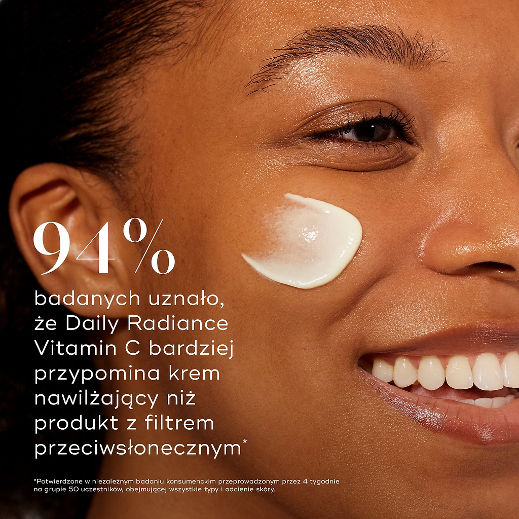 Zbliżenie na profil uśmiechniętej modelki z plamką kremu na policzku. Pogrubiony tekst informuje, że 94% osób uznało, iż preparat Daily Radiance Vitamin C bardziej przypomina krem nawilżający niż filtr przeciwsłoneczny.
