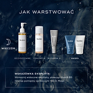 Diagram przedstawiający kolejność nakładania produktów w wieczornej rutynie pielęgnacyjnej. Rutyna obejmuje oczyszczanie z użyciem Medik8 Lipid-Balance Cleansing Oil, tonizację z Medik8 Press & Glow, witaminę A w postaci Medik8 Crystal Retinal oraz maskę Medik8 H.E.O. Mask stosowaną w dwóch krokach (Krok 1 i Krok 2). Dodatkowa wskazówka eksperta zaleca aplikację Hydr8 B5 Intense pomiędzy nałożeniem obu etapów H.E.O. Mask, aby wzmocnić widoczne efekty pielęgnacji.
