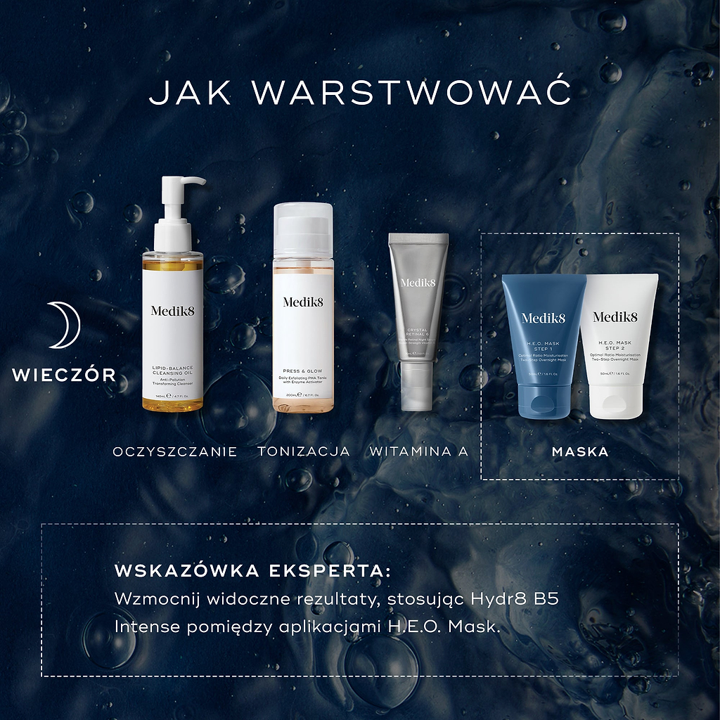 Diagram przedstawiający kolejność nakładania produktów w wieczornej rutynie pielęgnacyjnej. Rutyna obejmuje oczyszczanie z użyciem Medik8 Lipid-Balance Cleansing Oil, tonizację z Medik8 Press & Glow, witaminę A w postaci Medik8 Crystal Retinal oraz maskę Medik8 H.E.O. Mask stosowaną w dwóch krokach (Krok 1 i Krok 2). Dodatkowa wskazówka eksperta zaleca aplikację Hydr8 B5 Intense pomiędzy nałożeniem obu etapów H.E.O. Mask, aby wzmocnić widoczne efekty pielęgnacji.
