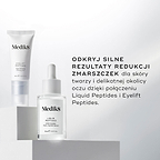 Na zdjęciu widoczna jest przezroczysta szklana buteleczka z zakraplaczem zawierająca serum Liquid Peptides oraz tubka preparatu Eyelift Peptides. Tekst głosi: „ODKRYJ NIESAMOWITE EFEKTY W ZWALCZANIU ZMARSZCZEK zarówno na twarzy, jak i w delikatnej okolicy oczu, łącząc stosowanie preparatów Liquid Peptides i Eyelift Peptides”.