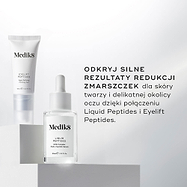 Na zdjęciu widoczna jest przezroczysta szklana buteleczka z zakraplaczem zawierająca serum Liquid Peptides oraz tubka preparatu Eyelift Peptides. Tekst głosi: „ODKRYJ NIESAMOWITE EFEKTY W ZWALCZANIU ZMARSZCZEK zarówno na twarzy, jak i w delikatnej okolicy oczu, łącząc stosowanie preparatów Liquid Peptides i Eyelift Peptides”.